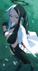 Rule 34 | 1girl, absurdres, black dress, black eyes, black gloves, black hair, black thighhighs, blue archive, bracelet, breasts, cleavage, closed mouth, dress, full body, gaoqiaoyuyin takahashi, gloves, grass, halo, highres, jacket, jacket on shoulders, jewelry, kai (blue archive), large breasts, looking at viewer, multicolored hair, outdoors, pelvic curtain, sidelocks, sleeveless, sleeveless dress, smile, solo, standing, thighhighs, twintails, two-tone hair, white hair, white jacket