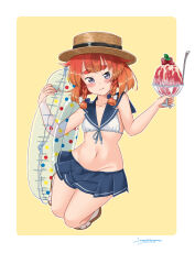 Rule 34 | 1girl, absurdres, blue skirt, border, braid, brown hat, dated, dress, etorofu (kancolle), food, fruit, full body, gradient hair, hat, highres, holding, holding food, kantai collection, legs up, looking at viewer, miniskirt, multicolored hair, pleated skirt, purple eyes, red hair, sagoromo 04, sailor bikini, sailor collar, shaved ice, side braid, signature, simple background, skirt, solo, spoon, straw hat, strawberry, thick eyebrows, twin braids, white border, yellow background