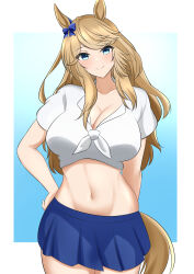 Rule 34 | 1girl, alternate costume, animal ears, arn7, blonde hair, blue bow, blue eyes, blue skirt, blush, bow, breasts, cleavage, commentary request, cowboy shot, crop top, gold city (umamusume), groin, hair bow, highres, horse ears, large breasts, long hair, looking at viewer, midriff, miniskirt, navel, pleated skirt, shirt, short sleeves, skirt, smile, solo, standing, stomach, swept bangs, tail, umamusume, very long hair, white shirt