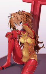 Rule 34 | 1girl, absurdres, alternate hairstyle, ass, blue eyes, bodysuit, breasts, brown hair, cameltoe, cleft of venus, covered navel, evangelion: 2.0 you can (not) advance, hair ornament, highres, interface headset, lips, long hair, looking to the side, medium breasts, multicolored bodysuit, multicolored clothes, neon genesis evangelion, orange hair, plugsuit, rebuild of evangelion, red bodysuit, see-through, see-through bodysuit, shiny clothes, shiny skin, simple background, sitting, skin tight, solo, souryuu asuka langley, test plugsuit, two side up, very long hair, wide hips, yagisawa teru