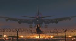 Rule 34 | 1girl, aircraft, airplane, alzi xiaomi, anklet, barefoot, boeing 747, brown hair, cityscape, climbing, dress, facing away, female focus, fence, highres, jewelry, long hair, original, outdoors, pale skin, paper airplane, plane, solo, solo focus, sunset