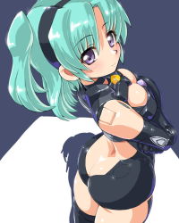 Rule 34 | 10s, 1girl, alternate color, aqua hair, bad id, bad pixiv id, breasts, busou shinki, butt crack, cleavage, dd (ijigendd), doll joints, joints, looking at viewer, looking back, purple eyes, raptias, smile, solo