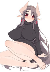 Rule 34 | 1girl, akatsuki francesca, barefoot, black hair, blush, breasts, brown hair, curvy, demon girl, demon horns, earrings, covered erect nipples, feet, horns, huge breasts, impossible clothes, impossible shirt, jewelry, legs, long hair, mel/a, mature female, original, plump, pointy ears, red eyes, shirt, solo, demon girl, sweater, very long hair