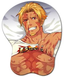 Rule 34 | 1boy, abs, bara, beard, beowulf (fate), blonde hair, buster shirt, clothes lift, clothes pull, facial hair, fate/grand order, fate (series), goatee, looking at viewer, lowres, male focus, mousepad (medium), muscular, nipples, pectorals, scar, shirt lift, shirt pull, smile, solo, yamanome