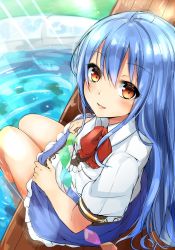 Rule 34 | 1girl, bad id, bad twitter id, barefoot, blue dress, blue hair, blush, bow, bowtie, clothes lift, dress, dress lift, dress shirt, frills, from above, highres, hinanawi tenshi, lifted by self, long hair, looking at viewer, looking up, no headwear, partially submerged, puffy short sleeves, puffy sleeves, rainbow gradient, rainbow order, red bow, red bowtie, red eyes, shirt, short sleeves, sitting, smile, solo, sunlight, touhou, very long hair, wading pool, white shirt, wing collar, yuhito (ablbex)