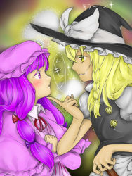 Rule 34 | 2girls, artist request, bad id, bad pixiv id, blonde hair, blush, braid, eye contact, female focus, hat, hat ribbon, hata hiroyuki, kirisame marisa, looking at another, multiple girls, patchouli knowledge, profile, purple hair, ribbon, touhou, translated, witch, witch hat, yuri