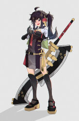 Rule 34 | 1girl, ahoge, black hair, china dress, chinese clothes, dress, grey background, hair ornament, highres, huge weapon, long hair, mechanical arms, mechanical legs, necktie, open mouth, postalworks, pulao: dragontoll (punishing: gray raven), pulao (punishing: gray raven), punishing: gray raven, red eyes, red necktie, side ponytail, sidelocks, solo, weapon