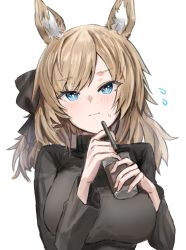 Rule 34 | 1girl, absurdres, animal ear fluff, animal ears, arknights, black shirt, blonde hair, blue eyes, breasts, closed mouth, cup, drinking straw, highres, holding, holding cup, horn/wood, horse ears, horse girl, large breasts, long hair, long sleeves, looking at viewer, shirt, simple background, solo, sweatdrop, upper body, whislash (arknights), white background