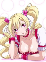Rule 34 | 1girl, :o, arm rest, arm support, blonde hair, breasts, choker, cleavage, collarbone, cure peach, dirndl, dress, earrings, female focus, fresh precure!, frilled dress, frills, german clothes, hair ornament, head tilt, heart, heart earrings, heart hair ornament, highres, jewelry, large breasts, long hair, looking at viewer, lying, magical girl, momozono love, neck, on stomach, open mouth, ozaneko, pink eyes, precure, puffy short sleeves, puffy sleeves, red choker, round teeth, short sleeves, solo, teeth, twintails, upper body, wristband