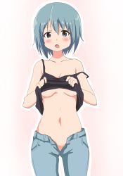 Rule 34 | 10s, 1girl, bad id, bad pixiv id, blue eyes, blue hair, blush, breasts, camisole, casual, denim, female focus, hoshino., jeans, looking at viewer, mahou shoujo madoka magica, mahou shoujo madoka magica (anime), matching hair/eyes, midriff, miki sayaka, navel, no bra, no panties, off shoulder, open mouth, pants, short hair, solo, stomach, strap slip, underboob, unzipped