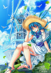 Rule 34 | 1girl, absurdres, bird, blue eyes, blue hair, bow, cloud, day, dress, earrings, feet, grass, hat, highres, jewelry, leaf, long hair, matching hair/eyes, nail polish, original, ribbon, sandals, sitting, sky, solo, songwut ouppakarndee, straw hat, toes, windmill