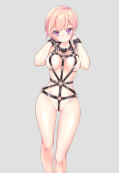 Rule 34 | 1girl, artist request, bdsm, blonde hair, blush, bondage, bound, chain, character request, collar, copyright request, cuffs, cuffs-to-collar, harness, highres, leather, looking at viewer, nude, pink hair, purple eyes, short hair, simple background, slave, solo, standing, strap, wide hips, wrist cuffs