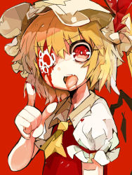 Rule 34 | 1girl, ascot, blonde hair, blood, female focus, flandre scarlet, hat, long hair, open mouth, red background, red eyes, side ponytail, solo, terada tera, tongue, touhou, upper body, wings