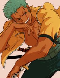 Rule 34 | 1boy, :q, bare pectorals, cropped, fang, feet out of frame, fighting stance, green hair, huanghying, long sideburns, male focus, one piece, open clothes, open shirt, pectorals, roronoa zoro, sheath, short hair, sideburns, solo, tongue, tongue out, unsheathing