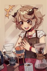 Rule 34 | 1girl, absurdres, ahoge, black nails, blush, brown background, brown dress, brown eyes, choker, coffee grinder, coffee pot, coffee press, commentary, cup, dress, english commentary, eyelashes, hair between eyes, hair ornament, hairclip, hands up, highres, k-rha&#039;s, medium hair, mug, neck ribbon, open mouth, original, own hands together, red choker, red nails, red ribbon, ribbon, shadow, short sleeves, sidelocks, solo, steam, teeth, upper body
