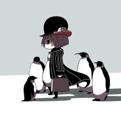 Rule 34 | 1girl, ascot, beak, bird, bob cut, boots, briefcase, brown hair, claws, coat, collar, full body, gloves, hat, holding, holding briefcase, ken (koala), long sleeves, open clothes, open coat, original, pants, parachute pants, penguin, penguin (koala), red eyes, simple background, sleeve cuffs, striped, striped sleeves, toes