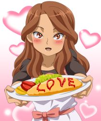 Rule 34 | 1girl, blush, brown eyes, brown hair, dress, female focus, food, gradient background, heart, highres, inazuma eleven, inazuma eleven (series), long hair, looking at viewer, open mouth, raimon natsumi, solo, standing