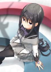 Rule 34 | 1girl, akemi homura, asukaru (magika ru), black hair, black hairband, black pantyhose, black sailor collar, blurry, blurry background, bow, bowtie, closed mouth, feet out of frame, frilled skirt, frills, from above, grey skirt, hair between eyes, hairband, highres, indoors, long hair, long sleeves, looking at viewer, looking up, magical girl, mahou shoujo madoka magica, mahou shoujo madoka magica (anime), pantyhose, purple bow, purple bowtie, purple eyes, sailor collar, shirt, sitting, skirt, solo, very long hair, white shirt