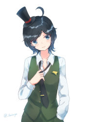 Rule 34 | 10s, 1girl, adapted costume, ahoge, alternate costume, black hair, blue eyes, emia wang, formal, green pants, hat, head tilt, kantai collection, matsukaze (kancolle), mini hat, mini top hat, pant suit, pants, short hair, simple background, smile, solo, suit, top hat, upper body, vest, white background