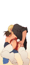 Rule 34 | 2boys, ace attorney, antenna hair, apollo justice, black shirt, blonde hair, blush, brown hair, collar, collared shirt, crossed legs, ear blush, facing away, fake tail, fingernails, from behind, garter straps, grey pants, hand on another&#039;s ass, hi-fi (fijazzy), highres, jewelry, klavier gavin, legs apart, lying, lying on lap, male focus, medium hair, multiple boys, on stomach, pants, rabbit tail, red collar, ring, shirt, short hair, simple background, sleeves rolled up, sweat, tail, thighhighs, white background, white thighhighs, yaoi