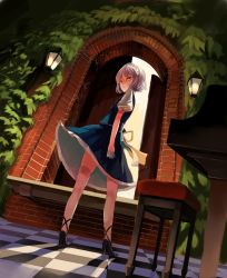 Rule 34 | 1girl, ace (playing card), ace of hearts, ankle lace-up, bad id, bad pixiv id, bow, brick wall, card, cross-laced footwear, dress, female focus, from behind, heart, high heels, holding, holding card, instrument, izayoi sakuya, lantern, looking at viewer, looking back, maid headdress, orange eyes, piano, plant, playing card, red eyes, ribbon, shoes, short hair, silver hair, solo, stool, thighhighs, touhou, tsurime, vines, white thighhighs, window, yasumo (kuusouorbital)