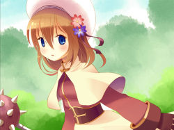 Rule 34 | 1girl, acolyte (ragnarok online), blue eyes, blue sky, blush, brown dress, brown hair, capelet, cloud, commentary request, day, doridori, dress, flower, hair between eyes, hair flower, hair ornament, hat, holding, holding weapon, long sleeves, looking at viewer, looking to the side, mace, medium hair, open mouth, outdoors, purple flower, ragnarok online, red flower, sky, solo, spiked mace, spikes, tree, upper body, weapon, white capelet, white hat