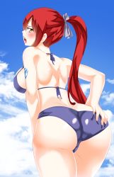 Rule 34 | 1girl, ass, ass grab, back, bare shoulders, bikini, blush, bra, breasts, brown eyes, deep skin, erza scarlet, facu10mag, fairy tail, female focus, from behind, hair ribbon, highres, huge ass, large breasts, leaning, leaning forward, long hair, looking at viewer, looking back, open mouth, panties, ponytail, red hair, ribbon, shiny clothes, shiny skin, sideboob, solo, swimsuit, tattoo, underwear
