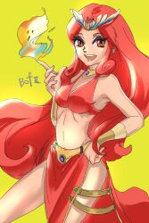 Rule 34 | 1girl, anzuni (marblefrog), breasts, breath of fire, breath of fire ii, highres, long hair, looking at viewer, medium breasts, open mouth, red eyes, red hair, sana (breath of fire), simple background, smile, solo