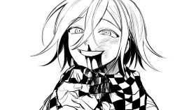Rule 34 | 1boy, bad id, bad twitter id, blood, blood from mouth, blood on clothes, checkered clothes, checkered neckwear, checkered scarf, clothes grab, danganronpa (series), danganronpa v3: killing harmony, dodoparipupe, greyscale, grin, hair between eyes, male focus, monochrome, oma kokichi, scarf, simple background, smile, solo focus, upper body