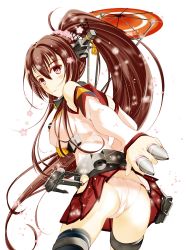 Rule 34 | 10s, 1girl, anchor, ass, bad id, bad pixiv id, blush, breasts, brown hair, cherry blossoms, cowboy shot, from behind, headgear, highres, holding, kantai collection, large breasts, light smile, long hair, looking at viewer, looking back, miniskirt, moonsorrow, oil-paper umbrella, panties, petals, pink panties, pleated skirt, ponytail, red skirt, simple background, single thighhigh, skirt, solo, string panties, thighhighs, type 91 armor-piercing shell, umbrella, underwear, very long hair, white background, yamato (kancolle)