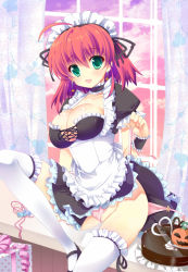 Rule 34 | 1girl, apron, bad id, bad pixiv id, blush, breasts, cake, cleavage, earrings, female focus, food, frills, green eyes, halloween, hinata momo, jewelry, large breasts, looking at viewer, magical halloween, maid, maid apron, maid headdress, open mouth, panties, pink panties, red hair, side-tie panties, sitting, smile, solo, star (symbol), star earrings, thighhighs, underwear, untied