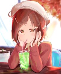 Rule 34 | 1girl, autumn leaves, bad id, bad pixiv id, bang dream!, beret, blurry, blurry background, blush, brown eyes, brown hair, chair, collared shirt, commentary request, cup, dot nose, drink, drinking, drinking glass, drinking straw, elbows on table, hand on own cheek, hand on own face, hat, hazawa tsugumi, highres, indoors, jacket, long sleeves, looking at viewer, plant, potted plant, pout, red jacket, red sweater, shirt, short hair, sitting, sleeve cuffs, solo, striped, sweater, table, tsugumochi, upper body, white hat, white shirt, wooden table