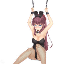 Rule 34 | 1girl, absurdres, animal ears, arms up, black bow, black bowtie, black leotard, blue eyes, blunt bangs, bow, bowtie, breasts, brown hair, chain, cowboy shot, cuffs, detached collar, fake animal ears, fishnet pantyhose, fishnets, highres, large breasts, leotard, long hair, looking at viewer, new game!, pantyhose, playboy bunny, ponytail, rabbit ears, rabbit girl, restrained, sainohikari, shackles, sidelocks, simple background, sitting, solo, strapless, strapless leotard, takimoto hifumi, white background