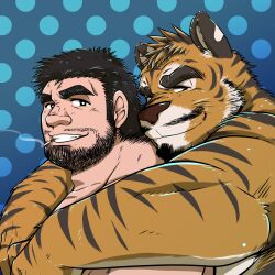 Rule 34 | 2boys, bara, beard stubble, blue background, chinstrap beard, couple, facial hair, from side, furry, furry male, furry with non-furry, ganson, grin, highres, hug, hug from behind, huge eyebrows, interspecies, long sideburns, looking at viewer, male focus, mature male, multiple boys, muscular, muscular male, mustache stubble, nude, original, short hair, sideburns, smile, smoking, stubble, thick eyebrows, tiger boy, turning head, two-tone beard, upper body, yaoi