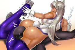 Rule 34 | 1girl, animal ears, ass, between thighs, boku no hero academia, breasts, dark-skinned female, dark skin, female focus, head between thighs, highres, leotard, long hair, mirko, muscular, muscular female, rabbit ears, red eyes, scissorhold, smile, solo, submission hold, thighhighs, triangle choke, wrestling, ytrall