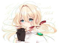 Rule 34 | 1girl, black gloves, blonde hair, blush, brooch, collar, collared shirt, drift with the current, gloves, green brooch, hair between eyes, hair intakes, hair ribbon, holding, jewelry, long hair, looking at viewer, necklace, own hands together, parted lips, portrait, red ribbon, ribbon, shirt, simple background, solo, unworn jewelry, unworn necklace, upper body, violet evergarden, violet evergarden (series), white background