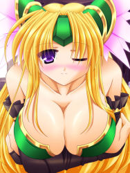 Rule 34 | 1girl, blonde hair, blush, breasts squeezed together, breasts, cleavage, huge breasts, long hair, one eye closed, purple eyes, riesz, seiken densetsu, seiken densetsu 3, solo, wink