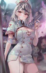 1girl aqwaau blush breasts cleavage hair_ornament hat highres hololive looking_at_viewer medic no_pants nurse nurse_cap sakamata_chloe solo thigh_strap virtual_youtuber x_hair_ornament