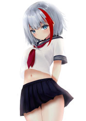 Rule 34 | 1girl, admiral graf spee (azur lane), alternate costume, arms behind back, azur lane, blue eyes, blue skirt, blush, breasts, commentary request, cowboy shot, crop top, frown, highres, looking at viewer, looking down, medium breasts, medium hair, midriff, miniskirt, multicolored hair, navel, neckerchief, pleated skirt, red hair, red neckerchief, school uniform, serafuku, silver hair, simple background, skirt, solo, streaked hair, thighs, two-tone hair, white background, yk (pixiv43531291)