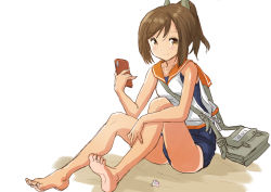 Rule 34 | 1girl, bag, barefoot, blue one-piece swimsuit, brown eyes, brown hair, cellphone, commentary request, fuji (pixiv24804665), full body, hair ornament, highres, i-401 (kancolle), kantai collection, looking at viewer, messenger bag, one-piece swimsuit, one-piece tan, orange sailor collar, phone, ponytail, sailor collar, school swimsuit, shirt, short hair, short ponytail, shoulder bag, side-tie shirt, simple background, sitting, sleeveless, sleeveless shirt, solo, swimsuit, swimsuit under clothes, tan, tanline, white background