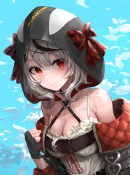 Rule 34 | 1girl, absurdres, animal hood, bad id, bad pixiv id, bare shoulders, black gloves, black hair, blush, bow, breasts, camisole, caution, chan1moon, chest belt, cleavage, clenched hand, closed mouth, fingerless gloves, gloves, grey hair, hair ornament, hand up, heart pendant, highres, hololive, hood, jacket, blue background, looking to the side, medium breasts, medium hair, multicolored hair, off shoulder, orca hood, plaid, plaid bow, red eyes, sakamata chloe, solo, streaked hair, upper body, virtual youtuber, white camisole, white petals, x hair ornament
