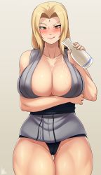 Rule 34 | 1girl, :p, absurdres, alcohol, black panties, blonde hair, breasts, brown eyes, cleavage, commentary, grey background, hair intakes, highres, huge breasts, jmg, long hair, looking at viewer, naruto, naruto (series), naughty face, panties, sake, simple background, solo, thighs, tongue, tongue out, tsunade (naruto), underwear, wide hips