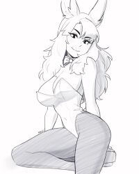 Rule 34 | 1girl, animal ears, artist name, bare arms, bare shoulders, bow, bowtie, breasts, cleavage, closed mouth, covered navel, detached collar, greyscale, highres, large breasts, leotard, long hair, monochrome, original, pantyhose, playboy bunny, rabbit ears, rabbit girl, rob ishi, sitting, smile, solo