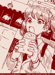 Rule 34 | 10s, abazu-red, alisa (girls und panzer), black necktie, dated, dutch angle, eating, food request, freckles, girls und panzer, monochrome, necktie, open mouth, red theme, short hair, short twintails, solo, tegaki, tegaki draw and tweet, twintails, whale
