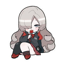 Rule 34 | 1girl, akichi 360, alternate costume, arm support, asymmetrical legwear, black cardigan, black flower, blush, bow, bowtie, candy, cardigan, chibi, closed mouth, collared shirt, flower, food, full body, grey eyes, grey hair, gyaru, hair over one eye, half-closed eyes, highres, holding, holding candy, holding food, holding lollipop, isekai joucho, kamitsubaki studio, knees together feet apart, knees up, lollipop, long hair, looking at viewer, multicolored hair, raised eyebrows, red bow, red bowtie, red footwear, red hair, red skirt, shirt, sidelocks, sitting, skirt, smile, solo, streaked hair, striped clothes, striped skirt, uneven legwear, virtual youtuber, white background, white shirt