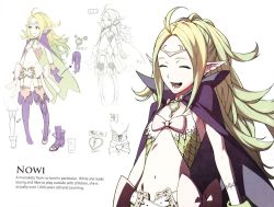 Rule 34 | 1girl, :d, ^ ^, ahoge, arrow (symbol), back, belt, belt skirt, blonde hair, boots, bow, camisole, cape, character name, character sheet, circlet, closed eyes, crop top, cross-laced clothes, dragon girl, english text, fire emblem, fire emblem awakening, flipped hair, from side, garter belt, garter straps, gloves, gradient hair, green hair, headpiece, heart, high collar, high heels, high ponytail, highres, jewelry, kozaki yuusuke, lace, lace-trimmed gloves, lace trim, laughing, long hair, long pointy ears, looking afar, midriff, multicolored hair, multiple belts, navel, nintendo, nowi (fire emblem), official art, one eye closed, open clothes, open mouth, partially colored, pendant, pointy ears, ponytail, purple thighhighs, ribbon, scales, short shorts, shorts, sidelocks, simple background, smile, standing, thigh boots, thighhighs, wavy hair, white background, wink