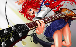 Rule 34 | 1girl, blue eyes, breasts, earrings, electric guitar, fenrir (fenlil0316), guitar, instrument, jewelry, jumping, left-handed, gibson les paul, long hair, medium breasts, music, open mouth, original, playing instrument, pleated skirt, plectrum, red hair, shirt, skirt, socks, solo, taut clothes, taut shirt