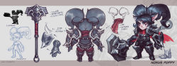 Rule 34 | 1girl, alternate costume, alternate hairstyle, animal ears, armor, artist name, black hair, buckler, character name, concept art, eyeshadow, fang, hammer, highres, kienan lafferty, league of legends, makeup, multiple views, noxus poppy, poppy (league of legends), red eyes, scarf, shield, sketch, slit pupils, spikes, turnaround, twintails, weapon