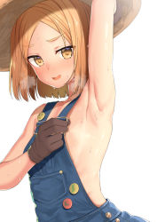 Rule 34 | 1girl, arm up, armpit focus, armpits, b-ginga, badge, blonde hair, brown gloves, buttons, commentary request, fate/grand order, fate (series), flat chest, gloves, hat, heavy breathing, looking at viewer, naked overalls, overalls, parted bangs, paul bunyan (fate), paul bunyan (third ascension) (fate), presenting armpit, shiny skin, short hair, simple background, solo, straw hat, sweat, white background, yellow eyes
