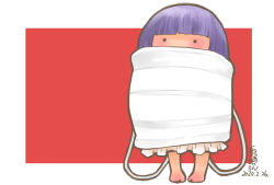 Rule 34 | . ., 1girl, barefoot, blunt bangs, commentary request, coronavirus pandemic, dated, full body, mask, mini person, minigirl, mouth mask, multicolored background, one-hour drawing challenge, onikobe rin, oversized object, purple hair, rectangle, signature, simple background, solid circle eyes, solo, standing, sukuna shinmyoumaru, surgical mask, touhou, wrapped up